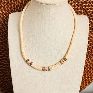 VTG Shell Heishi Necklace Pink Accent Shell Brass Spacer Coastal Boho 15” Choker
